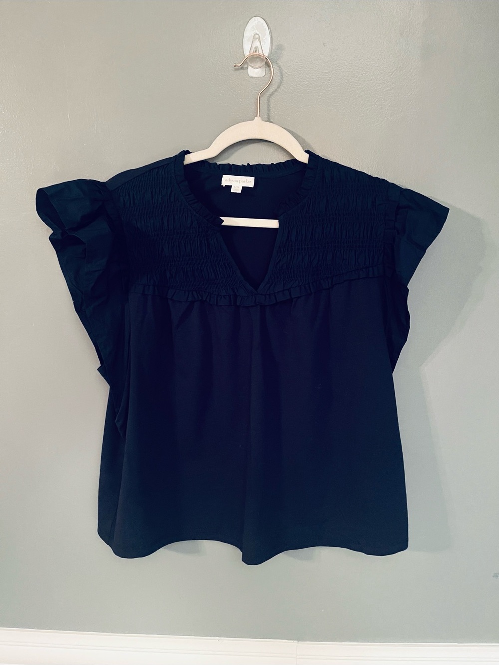 Smocked Flutter Sleeve Top - Navy Blue